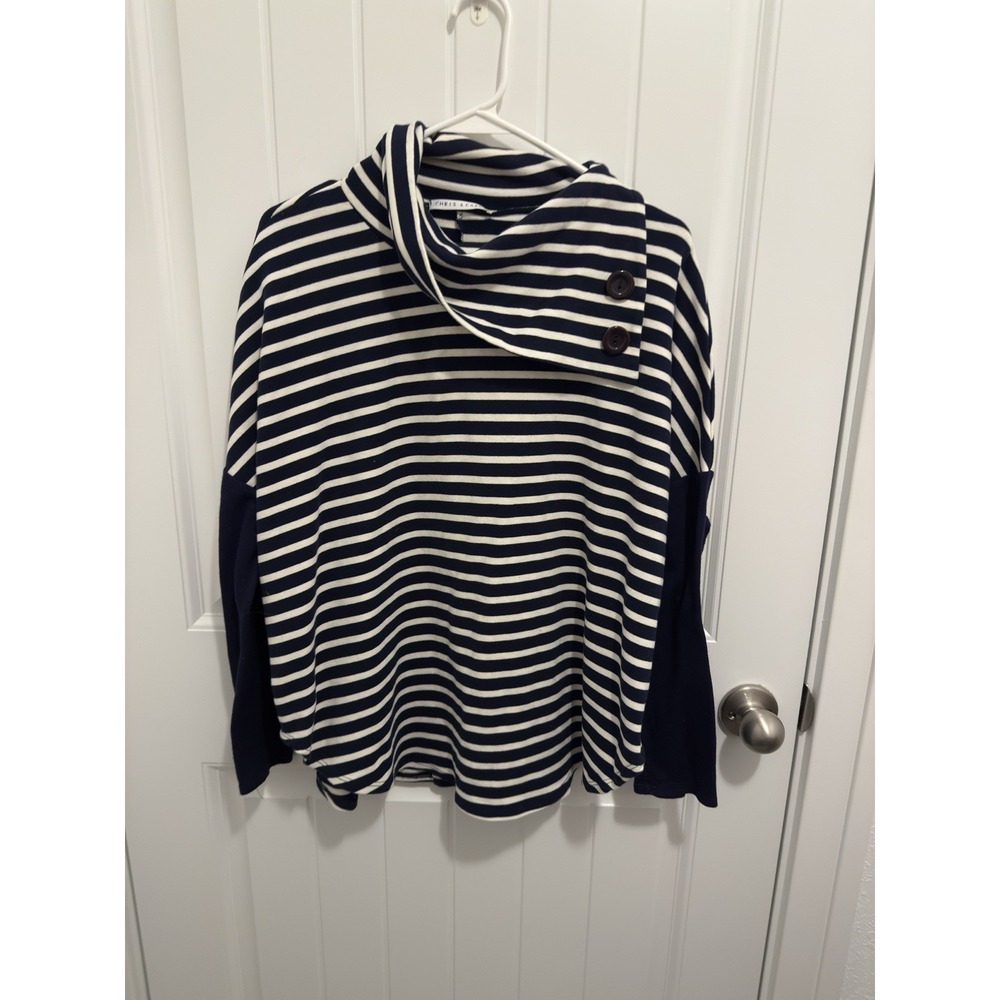 Chris & Carol Navy White Striped Cowl Neck Button Top Large 195441T USA Made